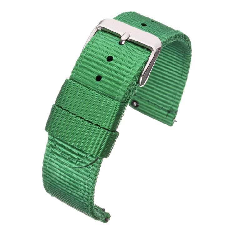 Green nylon watch strap with a polished square steel buckle, ideal for active lifestyles.