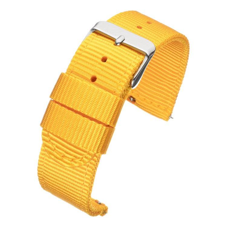 Yellow quick release nylon watch strap with polished steel buckle.