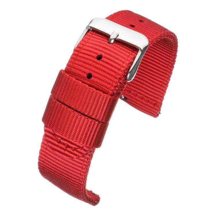Red nylon watch strap with polished steel buckle, designed for active lifestyles.