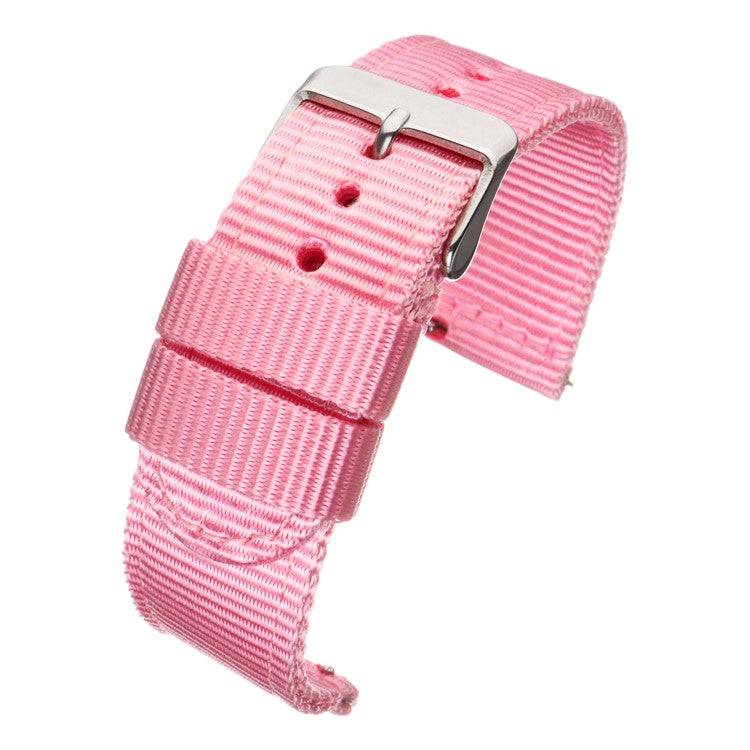 Pink nylon watch strap with quick-release mechanism and polished square steel buckle.