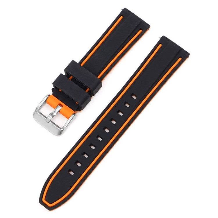 Quick release sport silicone watch strap in black and orange, sleek design, water-resistant, for active lifestyles.