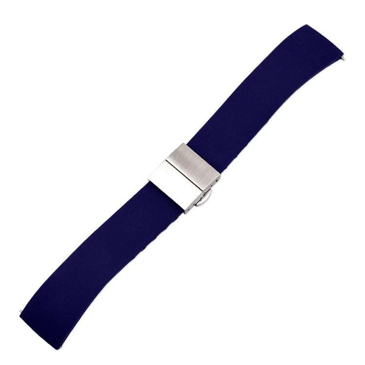 Premium silicone center clasp watch strap with brushed stainless steel clasp, navy blue, customizable fit, quick release.