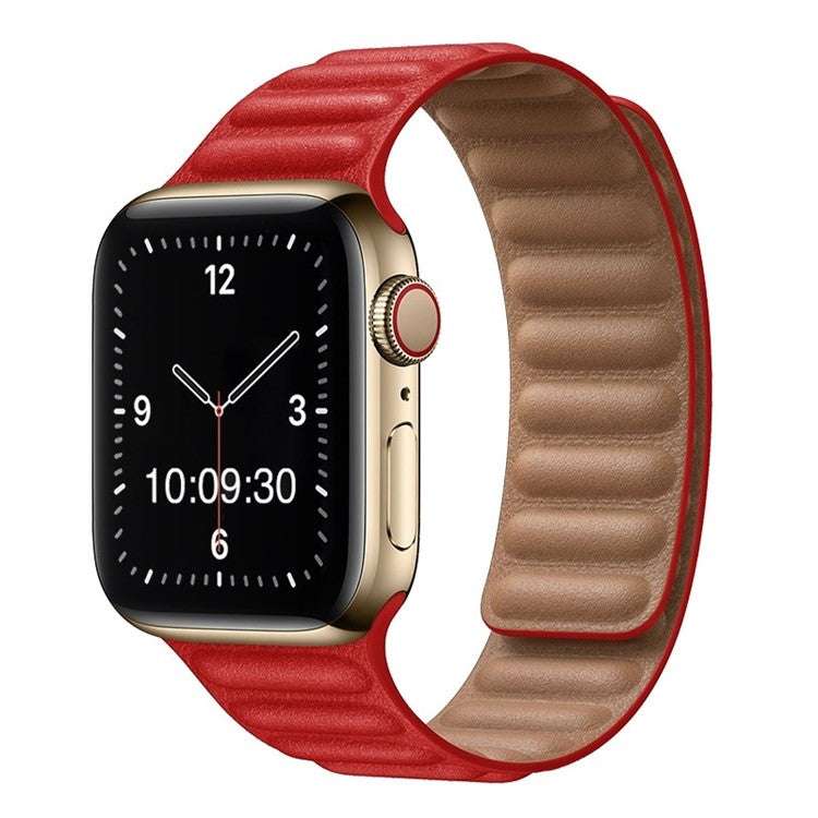 Stylish synthetic leather Apple Watch strap with magnetic loop in red.
