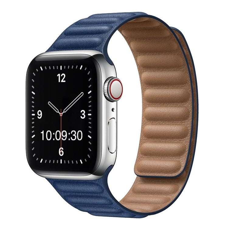Stylish synthetic leather Apple Watch strap with magnetic loop in navy blue.