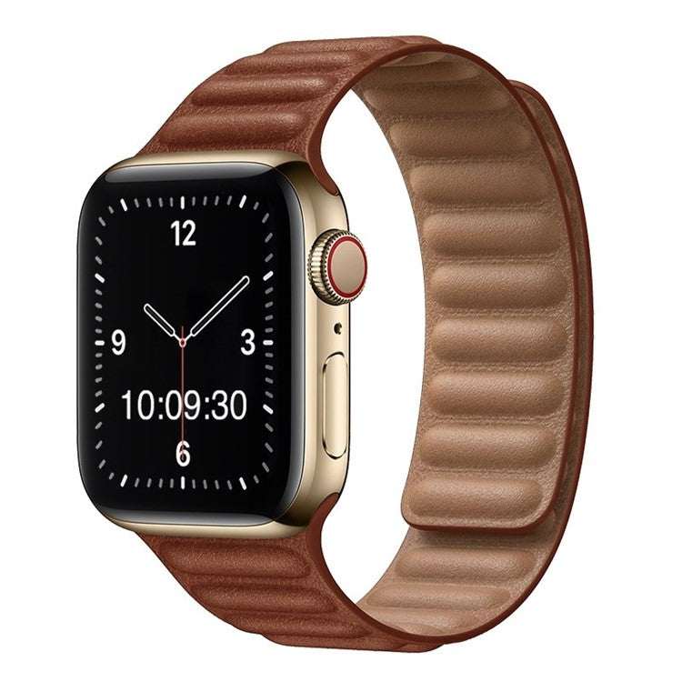 Stylish synthetic leather Apple Watch strap with magnetic loop, shown in brown color.