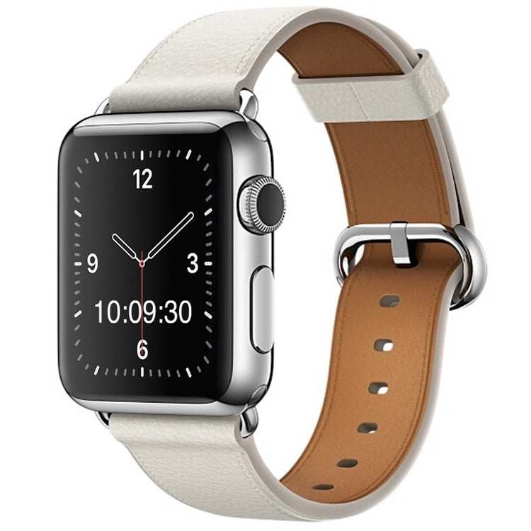 Classic leather watch strap with silver buckle, compatible with Apple Watch, showcasing elegant design and two-tone color scheme.