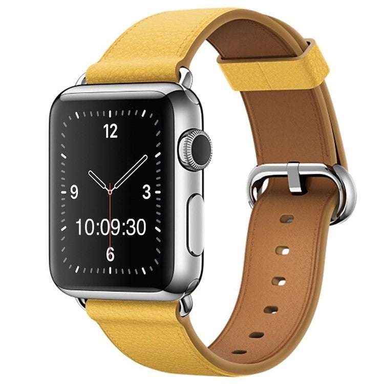Classic leather watch strap with silver buckle on Apple Watch.