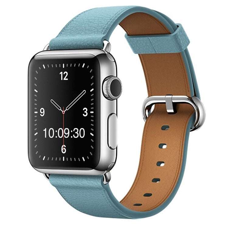 Classic Leather Watch Strap with Silver Buckle on Apple Watch.
