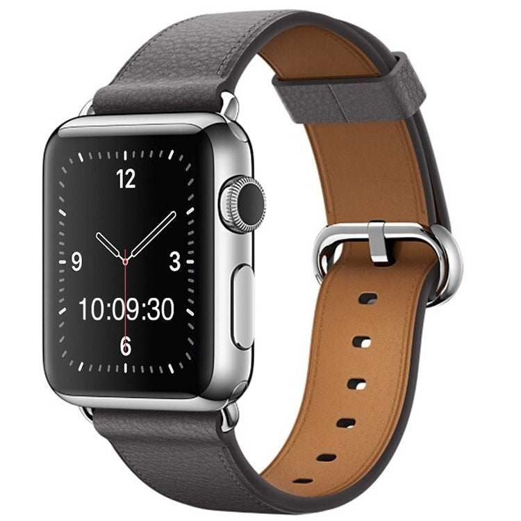 Classic leather watch strap with silver buckle for Apple Watch.