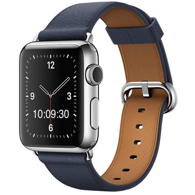 Classic leather watch strap with silver buckle for Apple Watch.