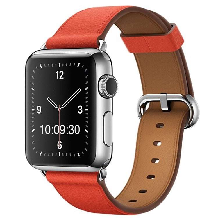 Classic leather watch strap with silver buckle for Apple Watch.