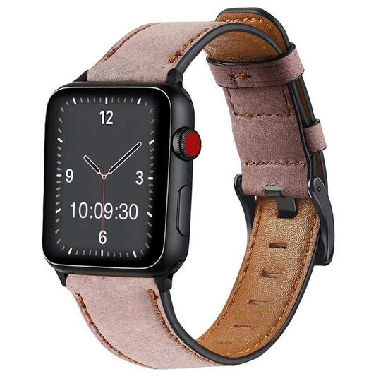 Retro leather Apple Watch strap with colorful premium design and contrasting stitching.