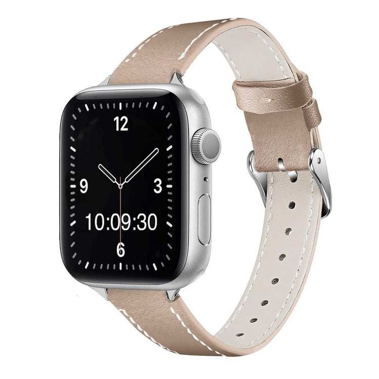 Slim 16mm contrasting stitch leather Apple Watch strap in beige.