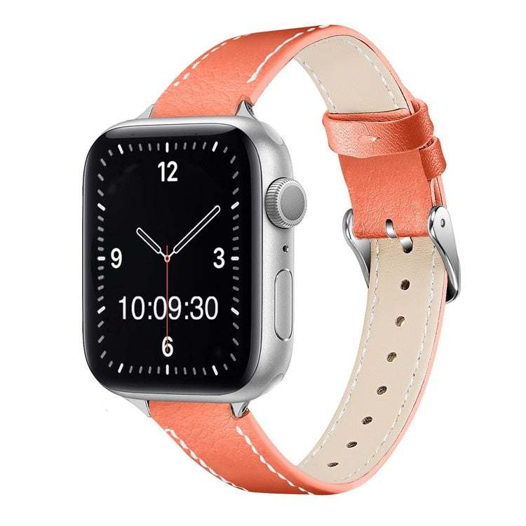 Slim contrasting stitch leather Apple Watch strap in orange, 16mm wide, with white stitching and a silver buckle.