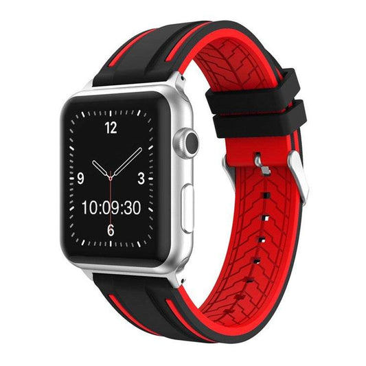 Black and red silicone sport strap for Apple Watch, available in 38-40mm and 42-44mm sizes.