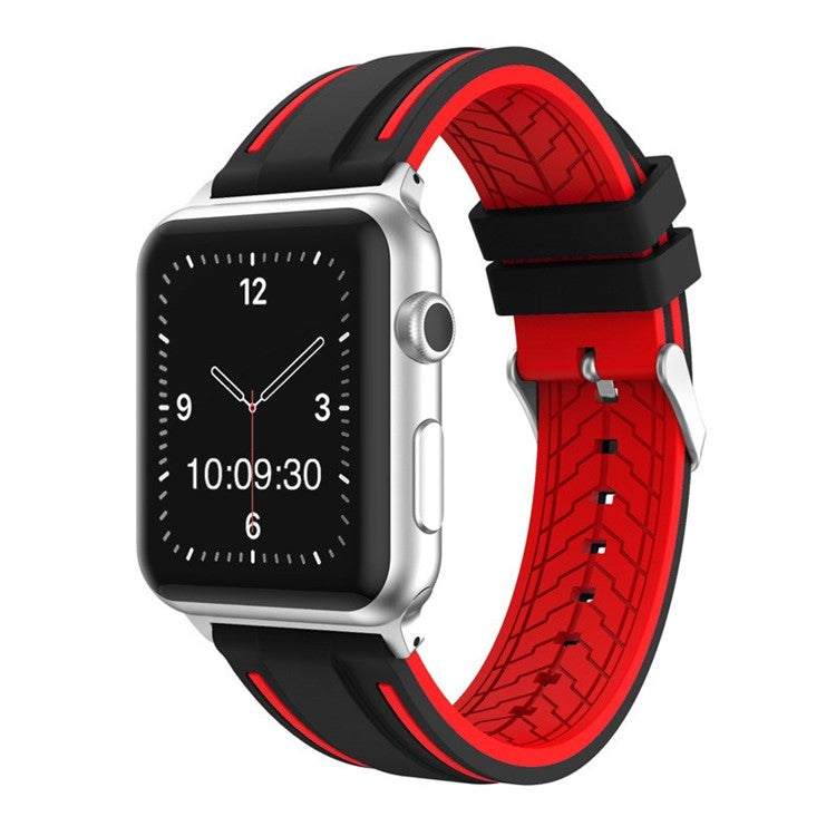 Black and red silicone sport strap for Apple Watch, available in 38-40mm and 42-44mm sizes.
