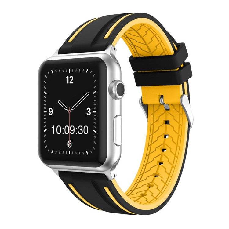 Silicone sport Apple Watch strap in black and yellow, fits 38-40mm or 42-44mm sizes.
