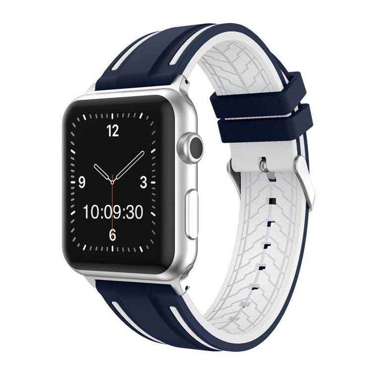 Active silicone sport Apple Watch strap in navy/white, compatible with 38-44mm sizes.