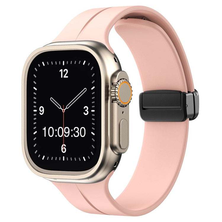 Magnetic silicone sport Apple Watch strap in pink, compatible with all sizes and generations.