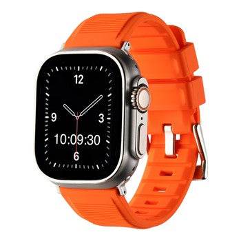 Heavy silicone orange Apple Watch strap with buckle, compatible with 38-40mm and 42-44mm sizes.