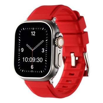 Red heavy silicone Apple Watch strap with buckle, 38-40mm and 42-44mm sizes.