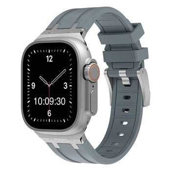 Silicone Sport Apple Watch Strap in grey with silver buckle, shown for 42-44mm Apple Watch.