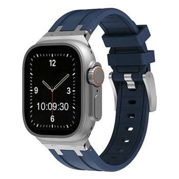 Silicone sport Apple Watch strap in blue, compatible with 38-40mm and 42-44mm sizes.