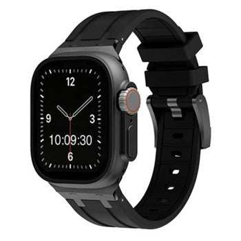 Silicone sport Apple Watch strap in black, compatible with 38-40mm & 42-44mm sizes.