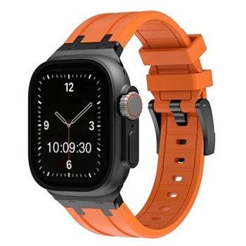 Orange silicone sport strap for Apple Watch, 38-40mm & 42-44mm, with black buckle.