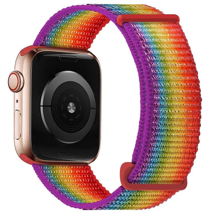 Woven nylon sport loop watch strap for Apple Watches in vibrant rainbow colors.