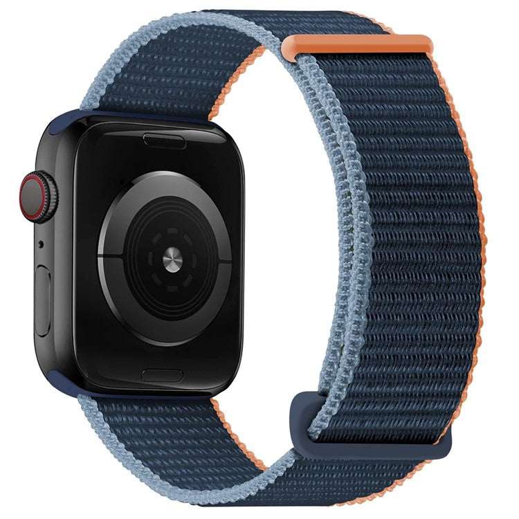 Woven nylon sport loop watch strap for Apple Watches in blue and orange.