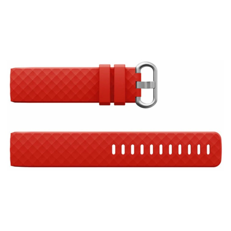 Red Fitbit Charge 3 & 4 compatible strap showcasing adjustable length and durable design.
