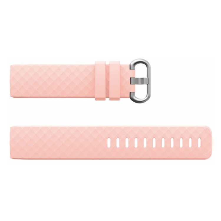 Pink Fitbit Charge 3 and 4 compatible strap, available in sizes S and L, with a durable design.