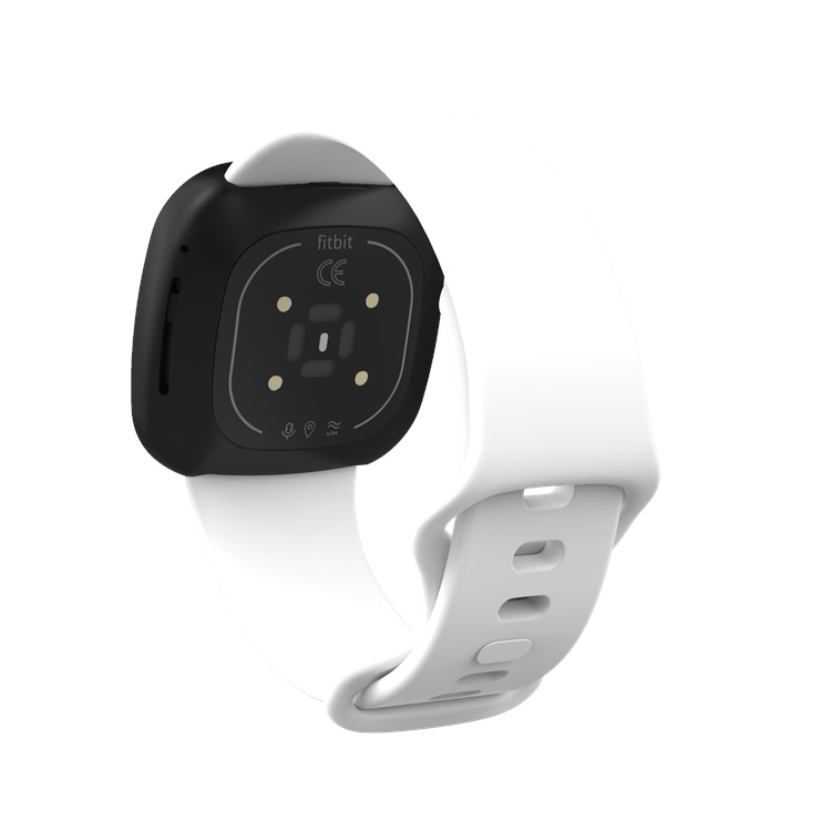 Fitbit Versa 3 compatible strap in white, suitable for various wrist sizes, enhancing comfort and style.