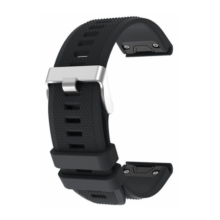 Garmin Fenix 5 silicone strap with silver buckle, black, durable, comfortable, water-resistant.