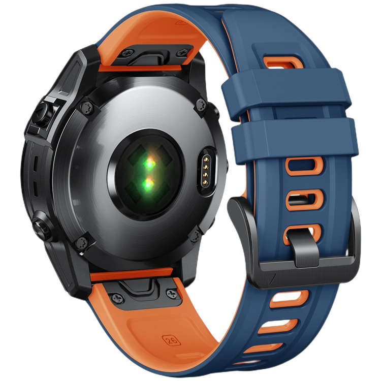 26mm quick release strap for Garmin watches in blue and orange, compatible fitness tracker band.