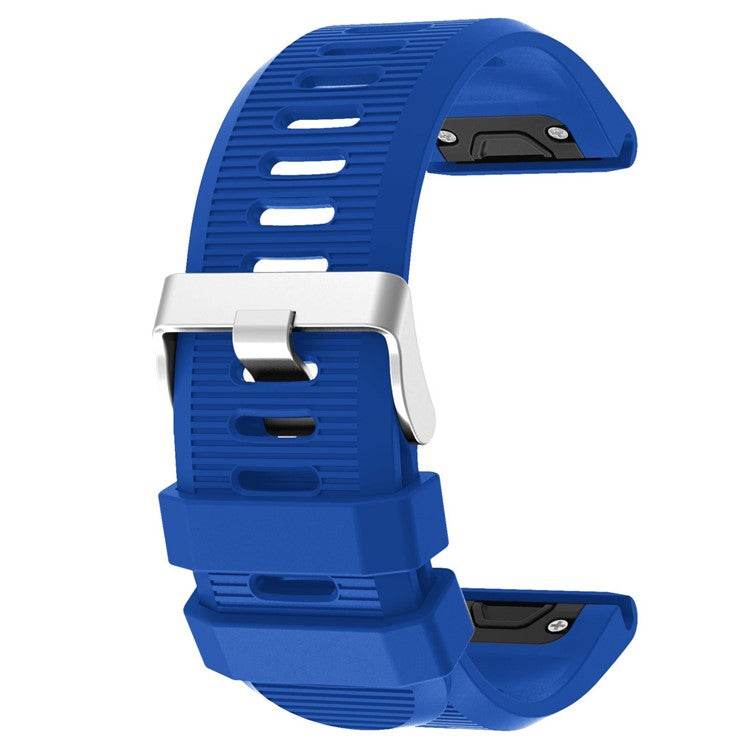 Silicone strap with silver buckle compatible with Garmin Fenix 6X, offering comfort, durability, and style.