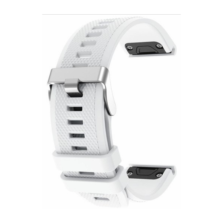 Garmin Fenix 5 silicone strap with silver buckle, durable and comfortable.