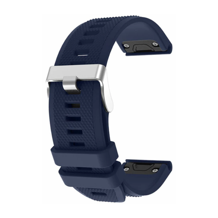 Garmin Fenix 5 silicone strap with silver buckle, durable and comfortable, water-resistant, compatible with Garmin Fenix 5, available in multiple colors.