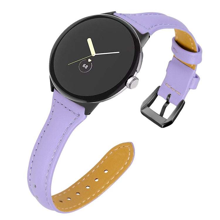 Slim leather watch strap for Google Pixel Model 1, stylish and durable, shown in a purple color option.