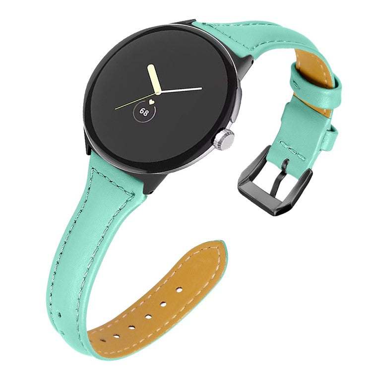 Slim plain leather watch strap for Google Pixel Model 1, mint green, sleek and durable design.