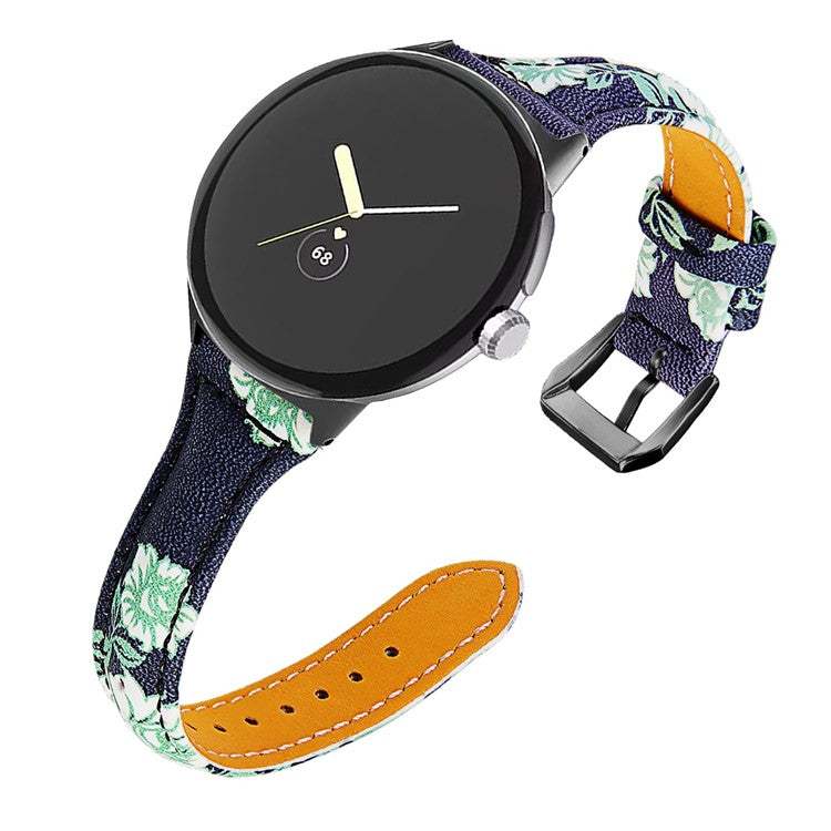 Google Pixel Model 1 slim leather watch strap with floral design.
