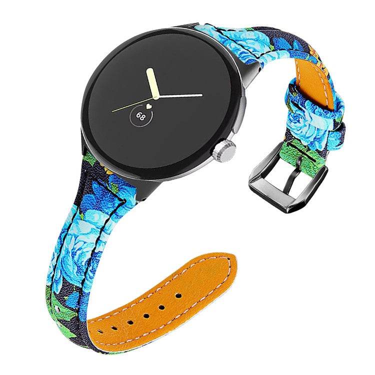 Google Pixel Model 1 leather watch strap with blue floral design, sleek and durable.