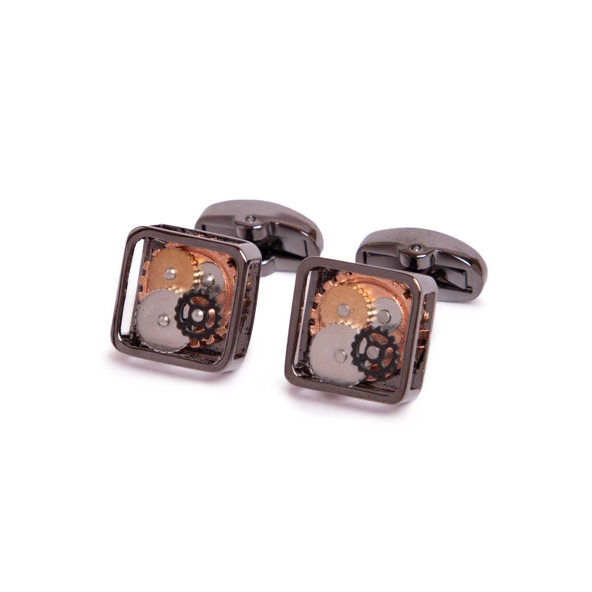 Kennett Watch Movement Cufflinks – Silver, Gold & Black Gear Design Kennett Great Britain