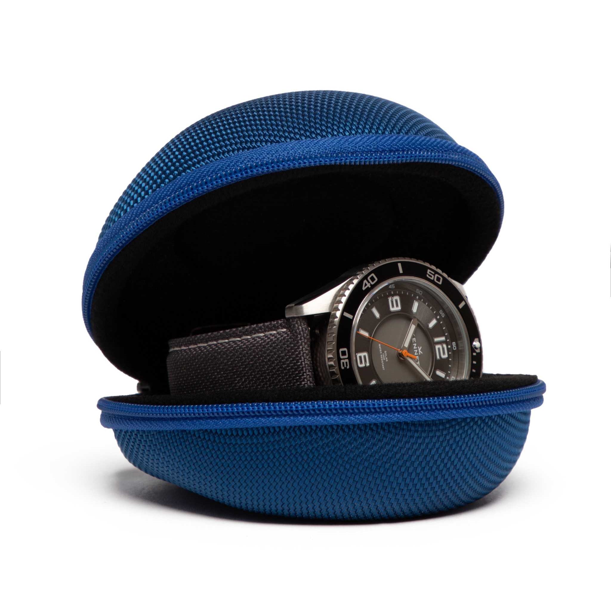 Watch in a blue case on a white background