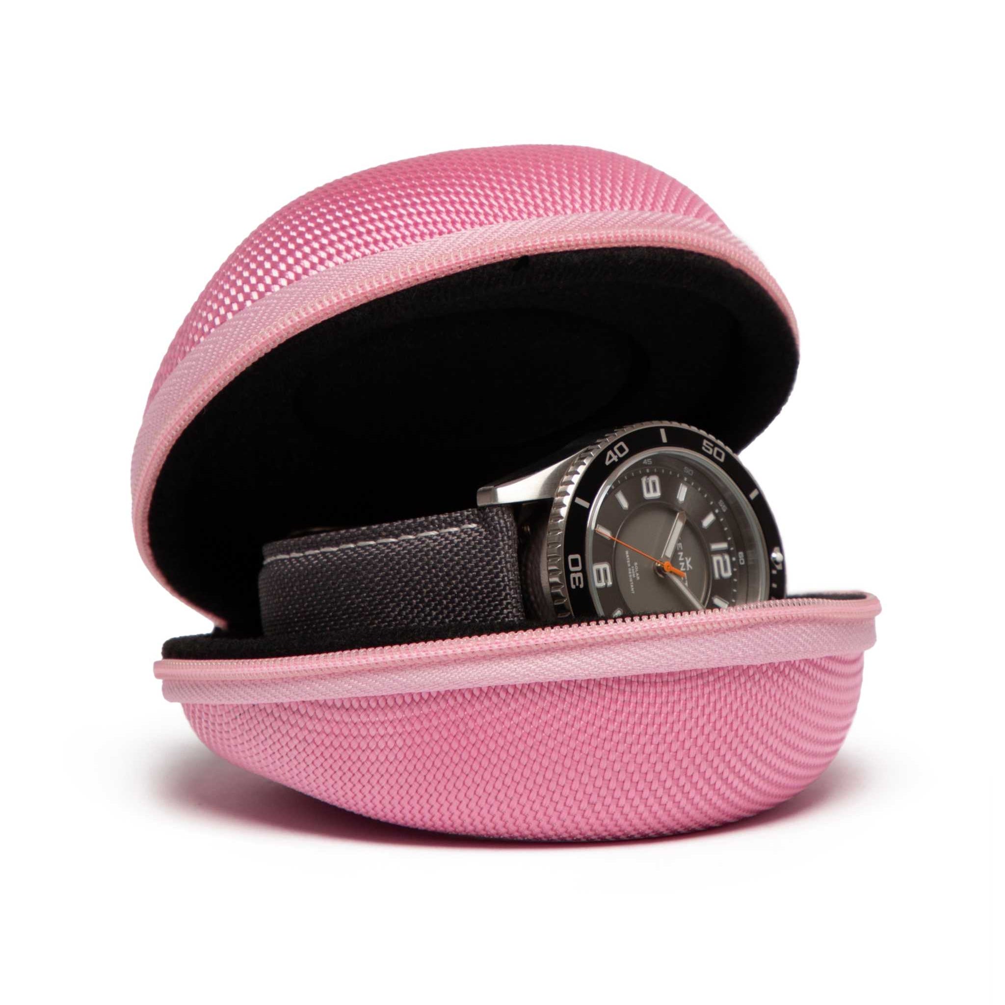 Pink watch case with a watch inside on a white background