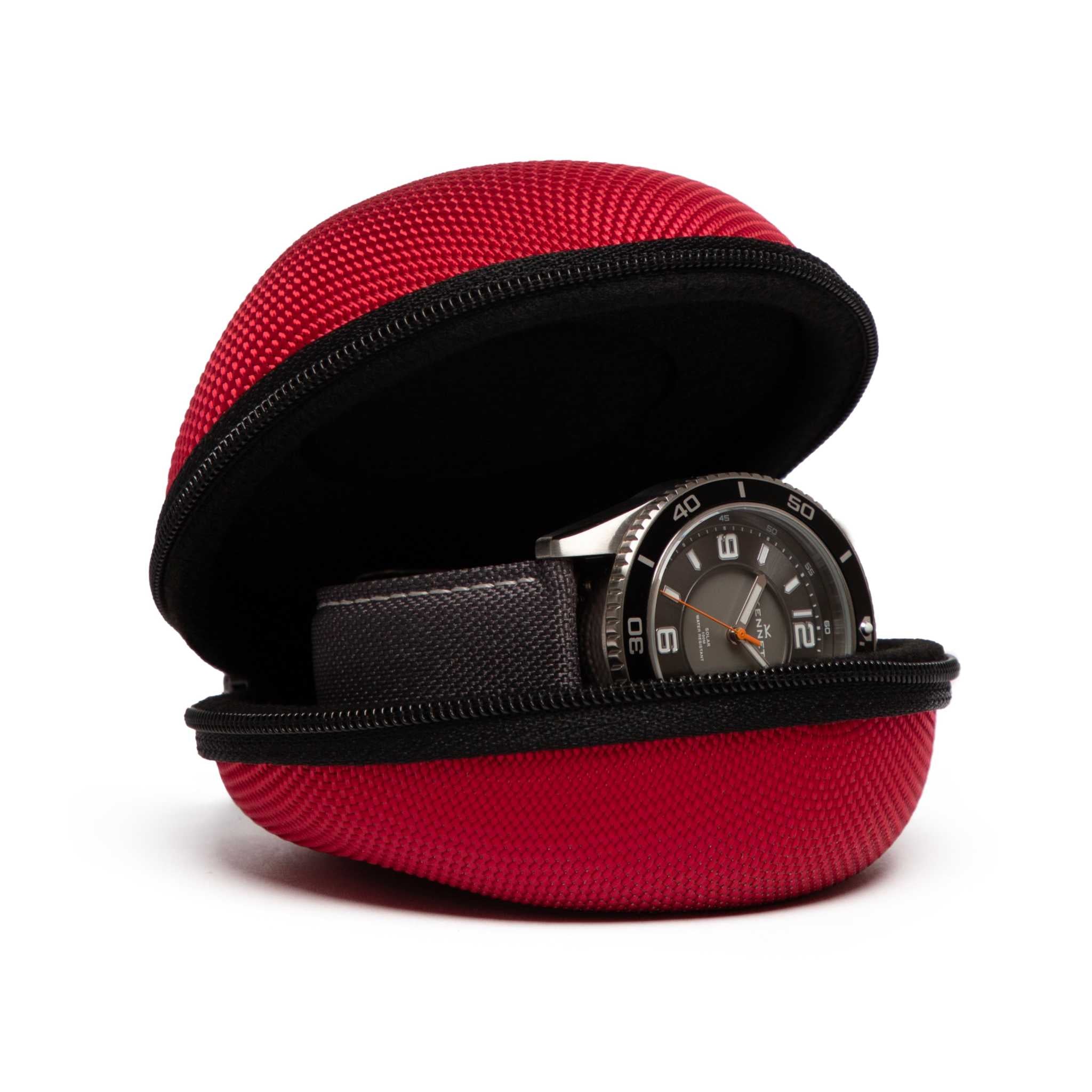 Red and black watch case with a watch inside on a white background