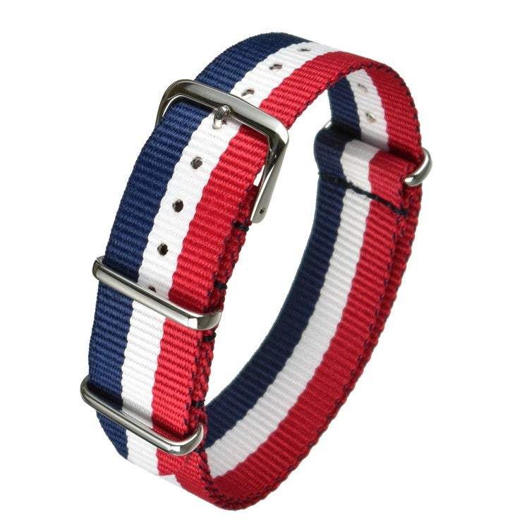 Durable military budget nylon watch strap in red, white, and blue with stainless-steel buckles.