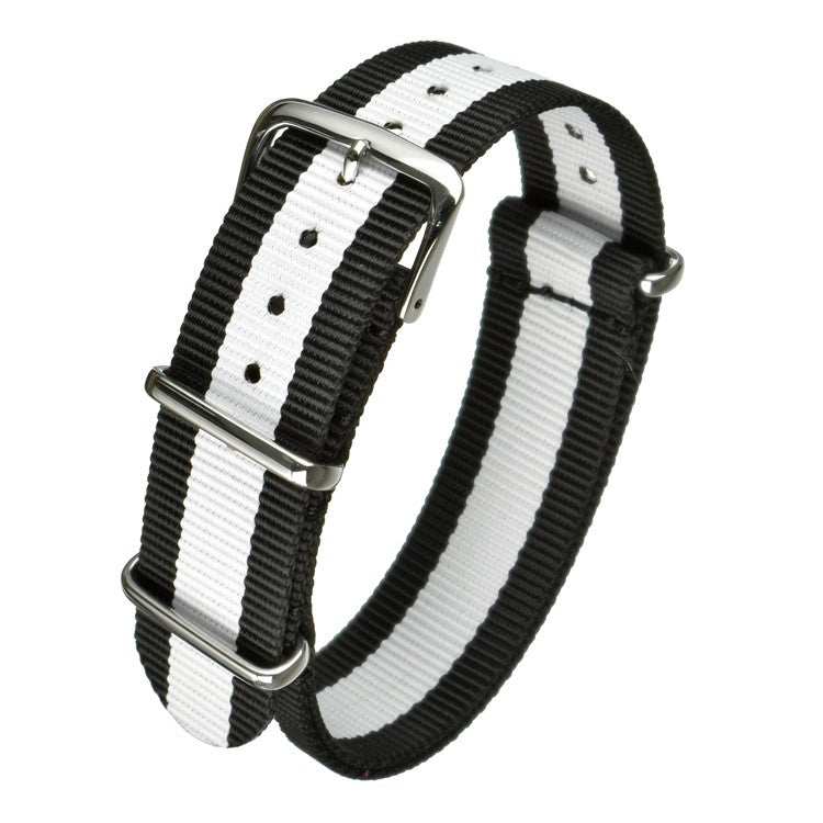 Durable black and white nylon watch strap with stainless-steel hardware, ideal for adventurous lifestyles.