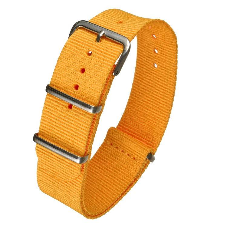 Durable orange nylon watch strap with stainless-steel buckles.